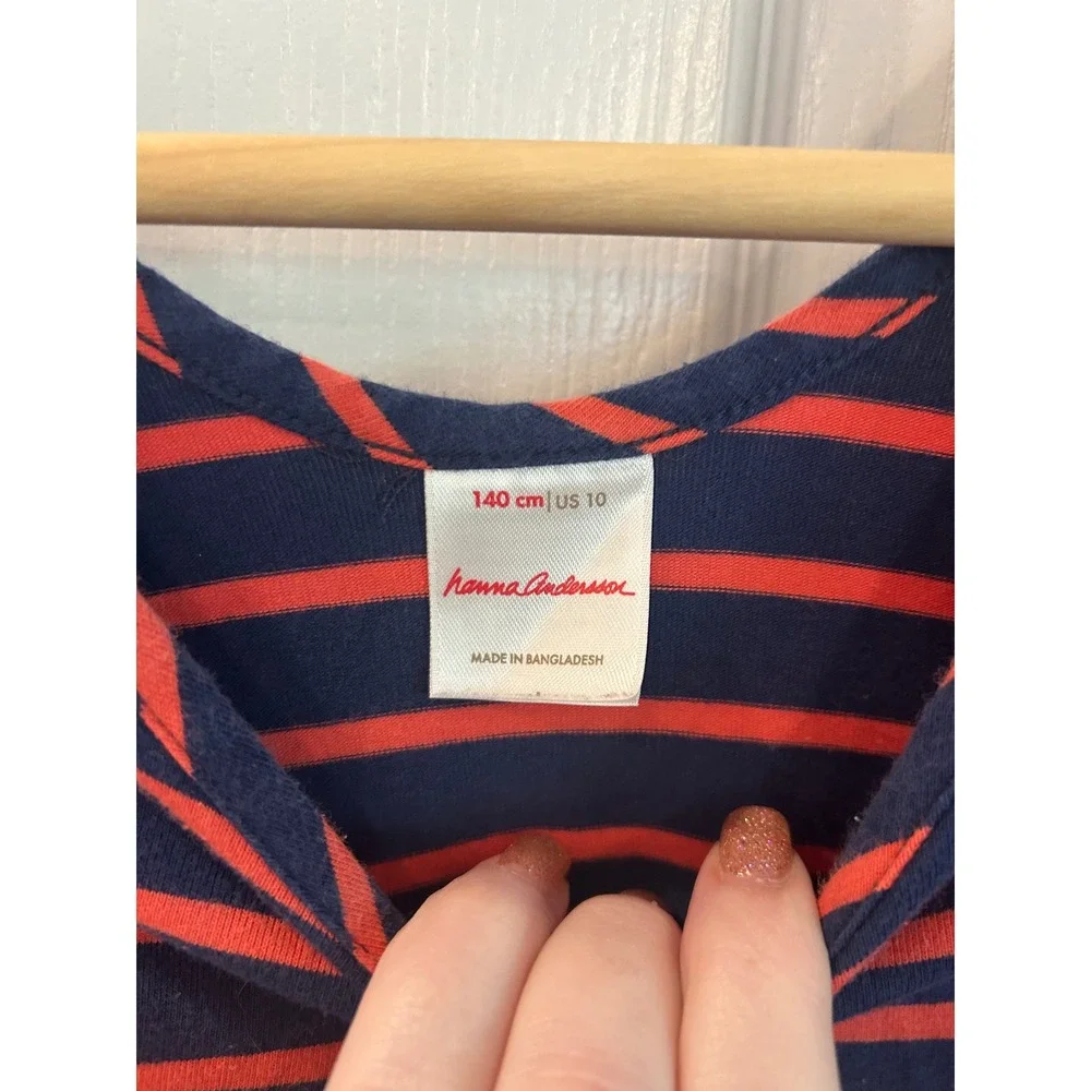 Hanna Andersson Dress Navy‎ Blue Red Striped Short Sleeve Pocket Skater Kids 10